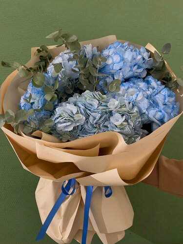 Изображение товара Букет живых цветов "Гортензии голубые" NURA FLOWERS, 5 цветков, 50 см.