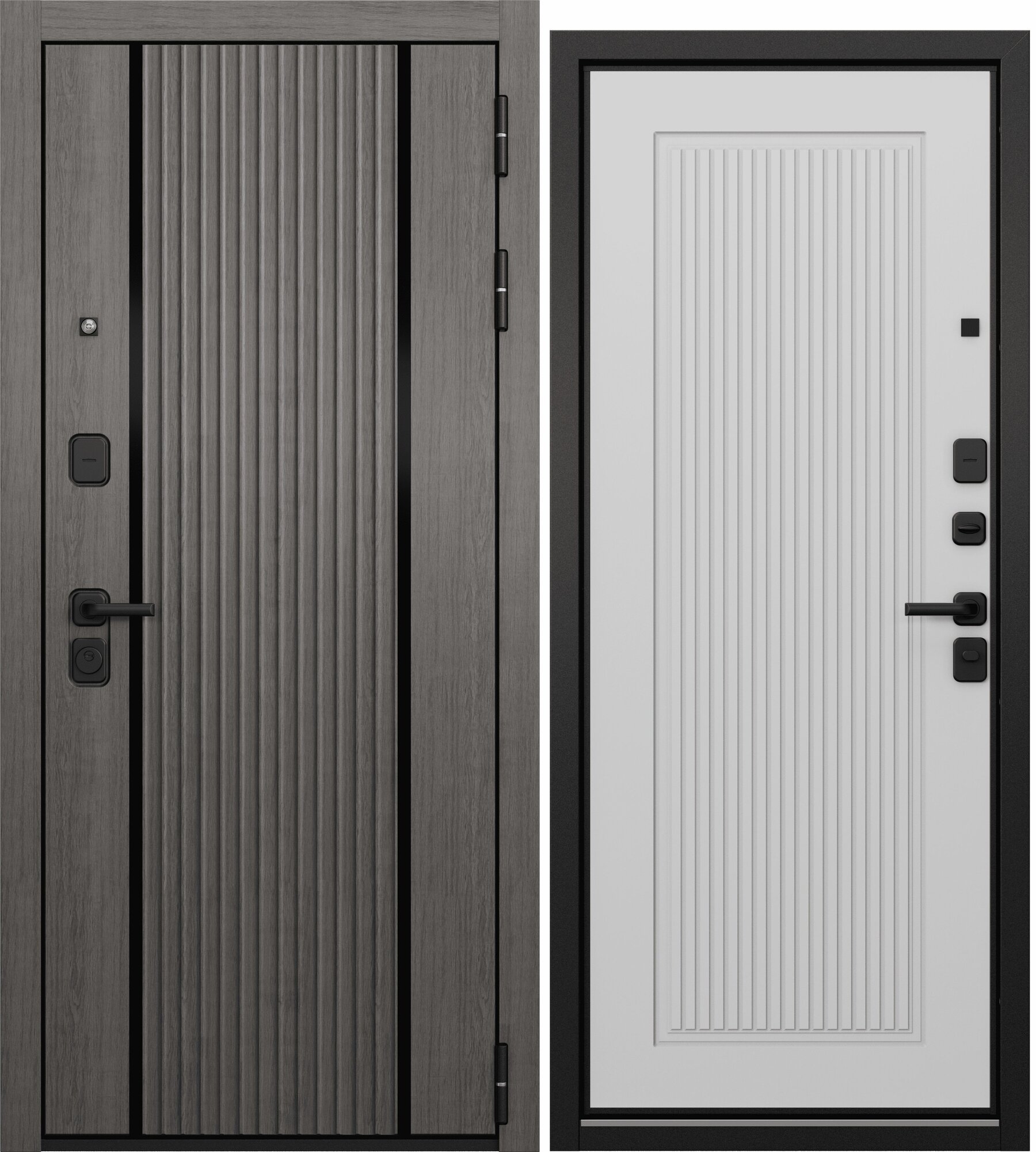 Дверь входная металлическая TRUST MASS Si-6/197 Дуб серый/Черный муар-Белый софт 960 правая