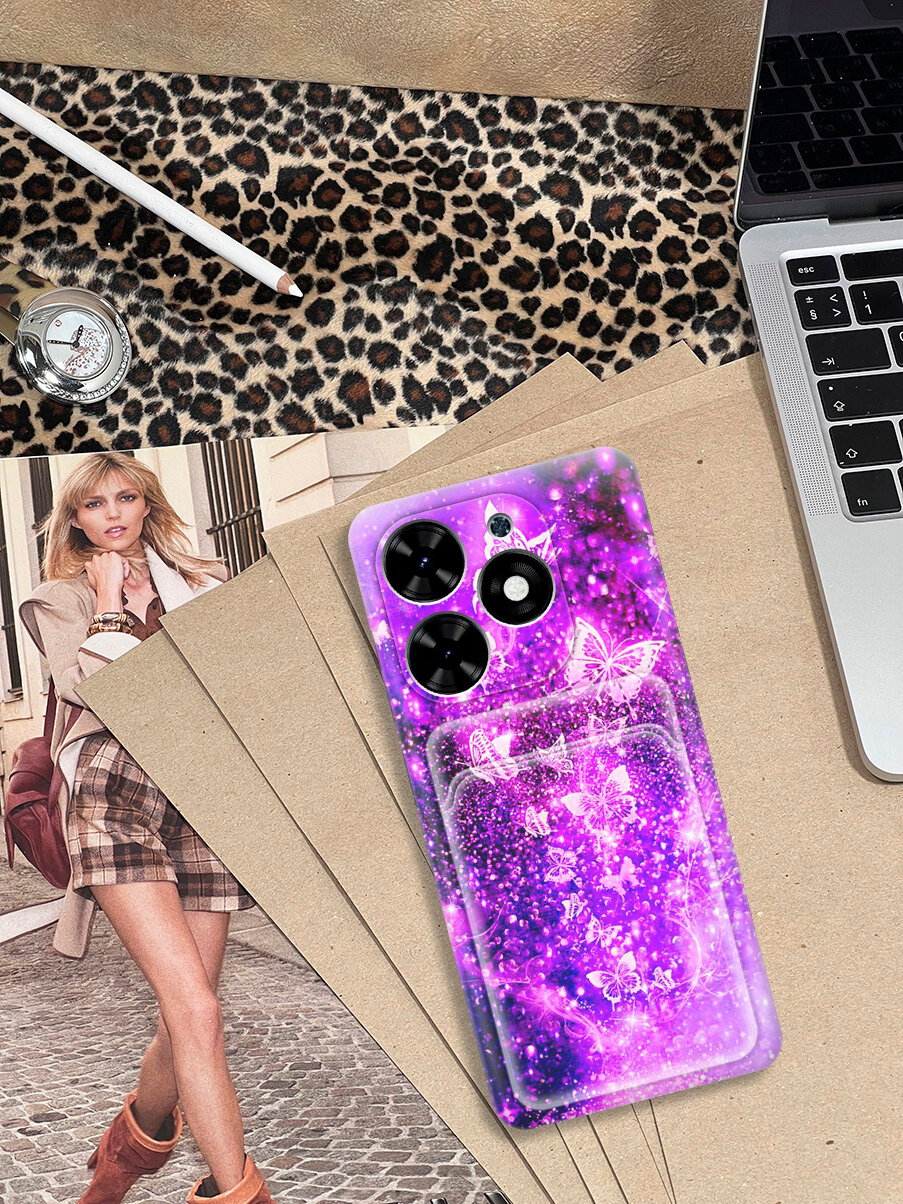 Силиконовый чехол на Tecno Pop 8 / Spark Go 2024 / Spark 20 / 20C с рисунком "Фиолетовые бабочки" и карманом для карт — фото 1