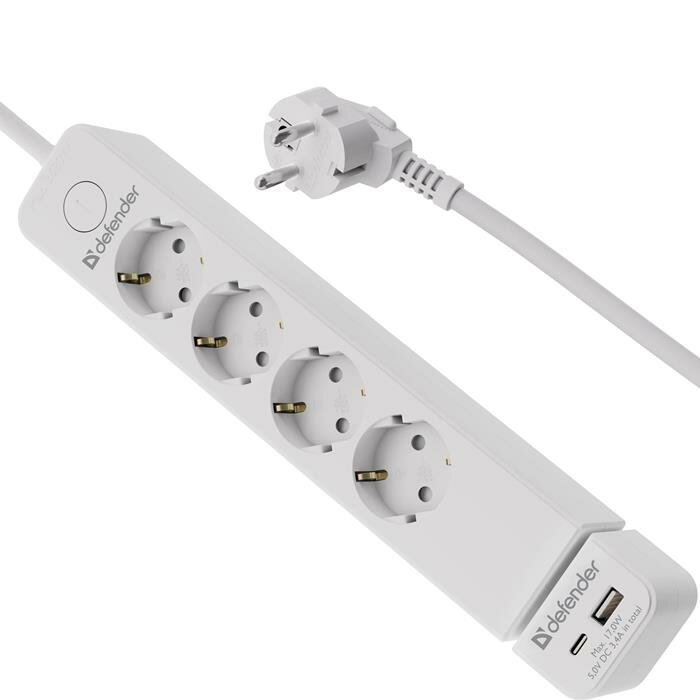 Сетевой фильтр Defender ILS431 5 евро розеток16А 3.68кВт. зарядный USB -модуль - 1.8 м белый