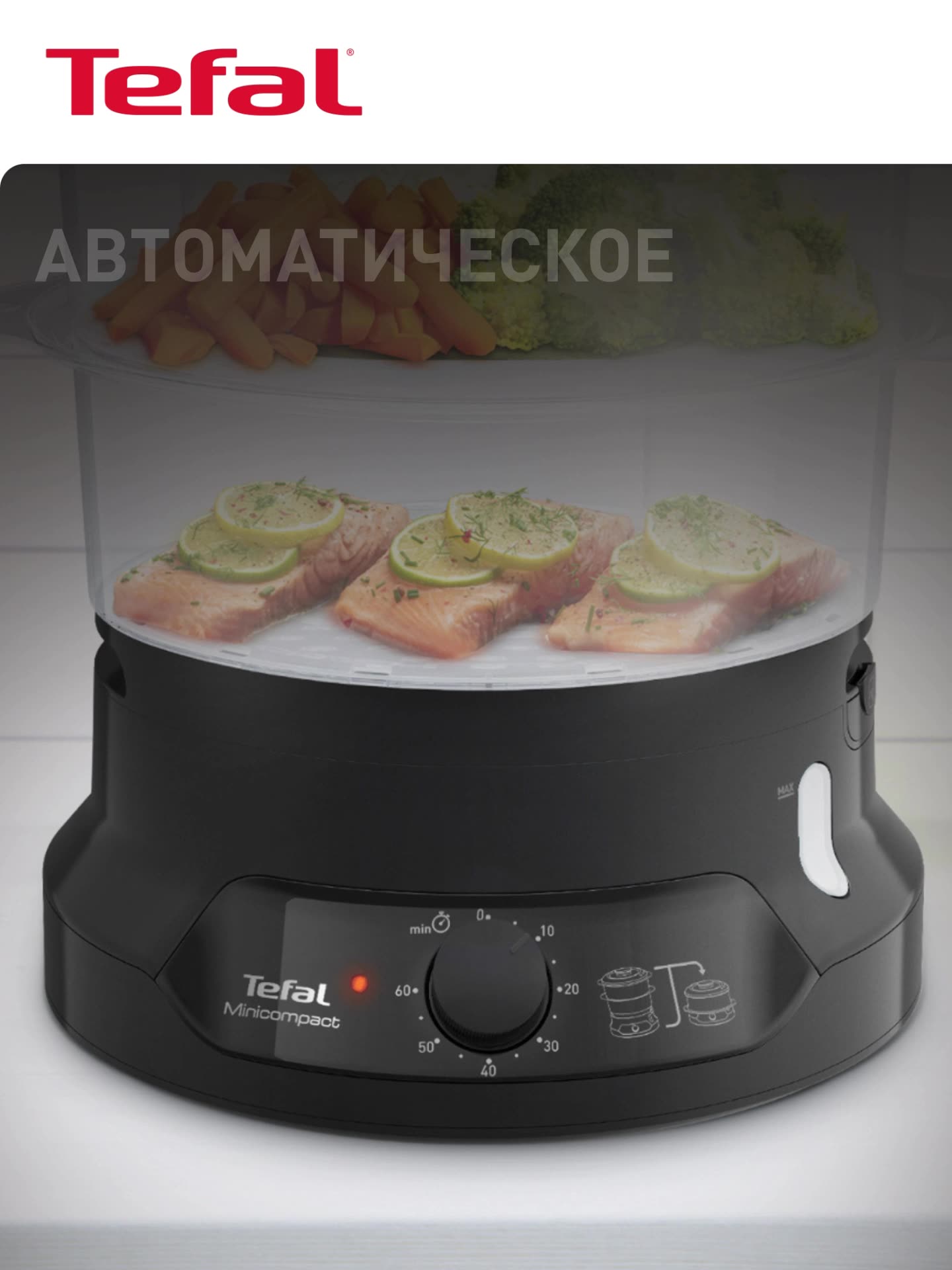 Пароварка Tefal Minicompact VC139810, с таймером, индикатором уровня воды, 800 Вт, черная — фото 1