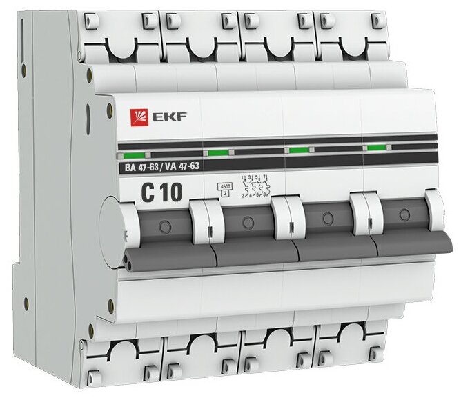 Выключатель автоматический ВА47-63 10А 4п четырехполюсный C 4,5кА тип AC (перемен.) mcb4763-4-10C-pro EKF