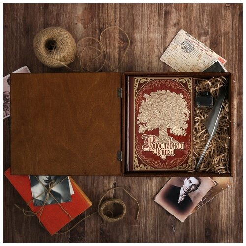 фото Родословная книга семейные традиции в шкатулке, с пером и чернильницей, "древо"