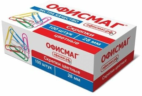 Скрепки экстра офисмаг 28 мм цветные 100 штук, 271316