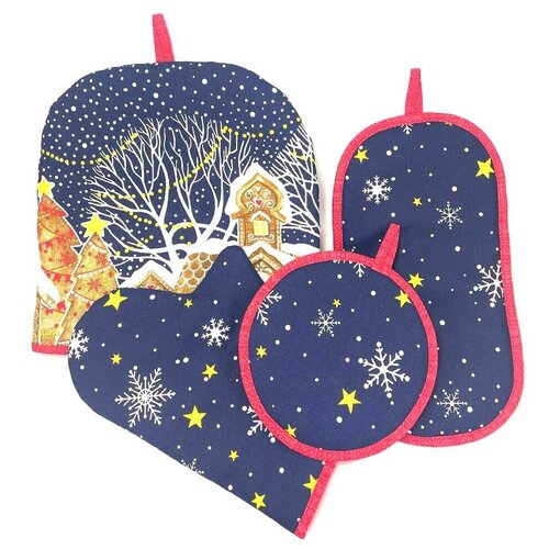 Новогодний подарочный набор Грелка на чайник 29x28см, Рукавица, Прихватка, Подставка