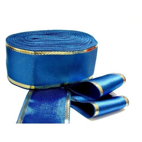 Атласная лента синяя с золотом 45 мм 5 метров
