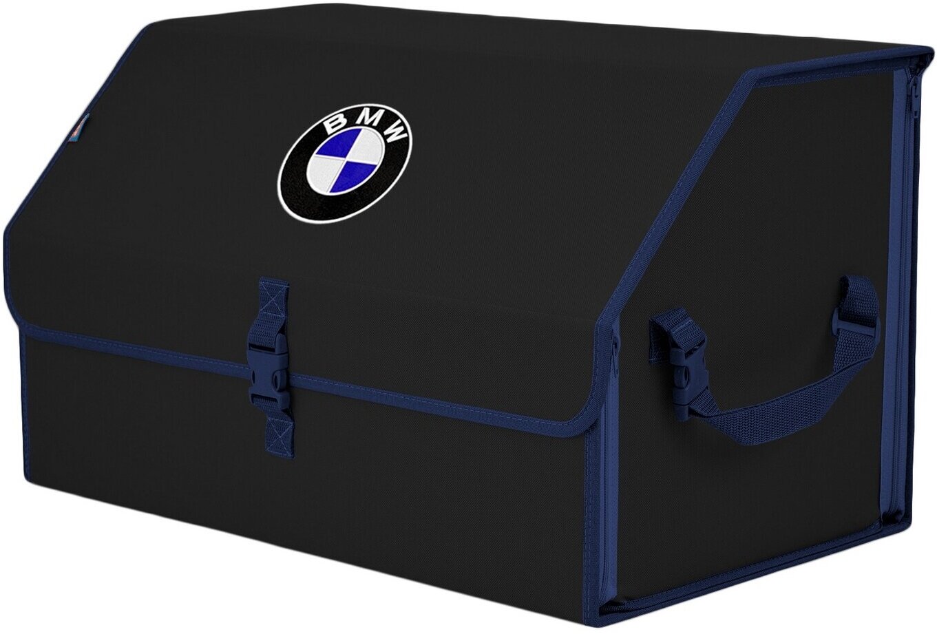 Органайзер-саквояж в багажник "Союз" (размер XL). Цвет: черный с синей окантовкой и вышивкой BMW (БМВ).
