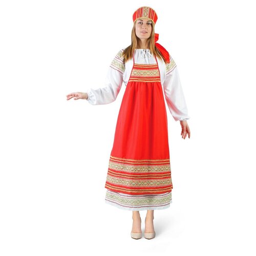 фото Русский костюм женский "пелагея" платье,фартук красный,кокошник, р-р 52-54 рост 172 4314632 страна карнавалия