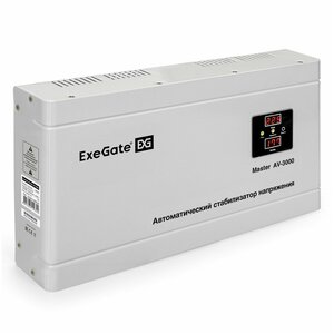 Стабилизатор напряжения настенный ExeGate Master AV-3000 (3000ВА, вход 140-260В, цифр. индикация вход/вых. напряжения, выход 220В±8%, КПД 98%, 5 уровней защиты, задержка, метал. корпус, клем. колодка, RTL) EX291740RUS