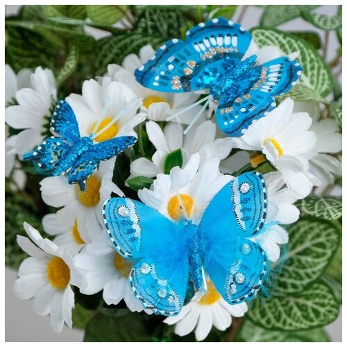 Набор бабочек для декора и флористики, на прищепке, пластиковый, синий, 6шт,5 см, 8 см и 12 см