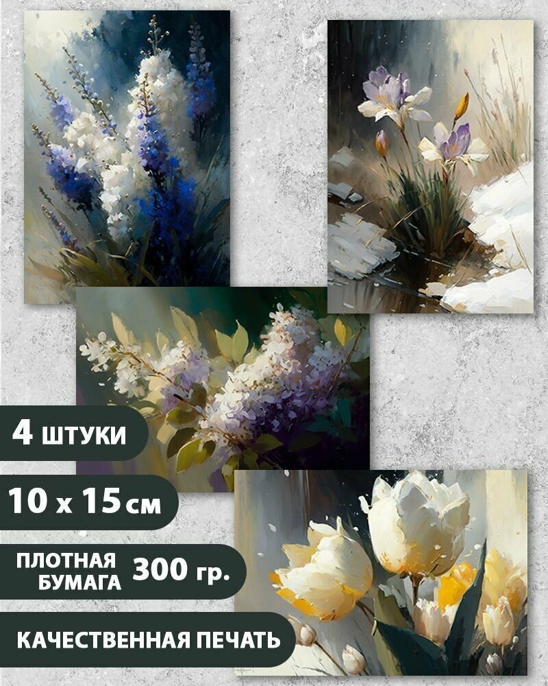 Набор открыток "Весенние цветы 2", 10.5 см х 15 см, 4 шт, InspirationTime, на подарок и в коллекцию