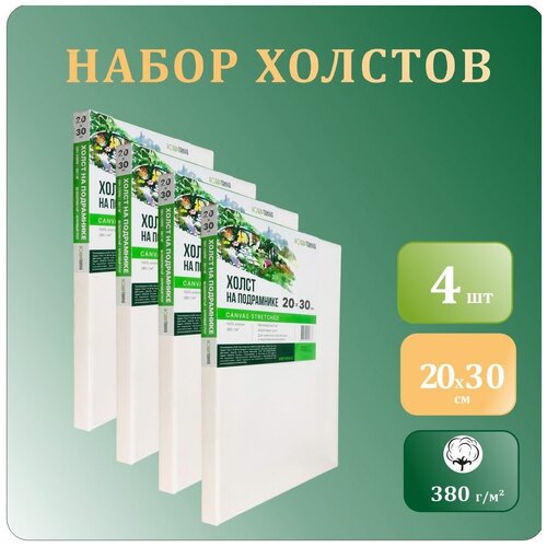 Холст грунтованный на подрамнике 20х30 см, Хоббитания, хлопок, 380 гр/м2, 4 штуки, набор грунтованных холстов для масла и акрила