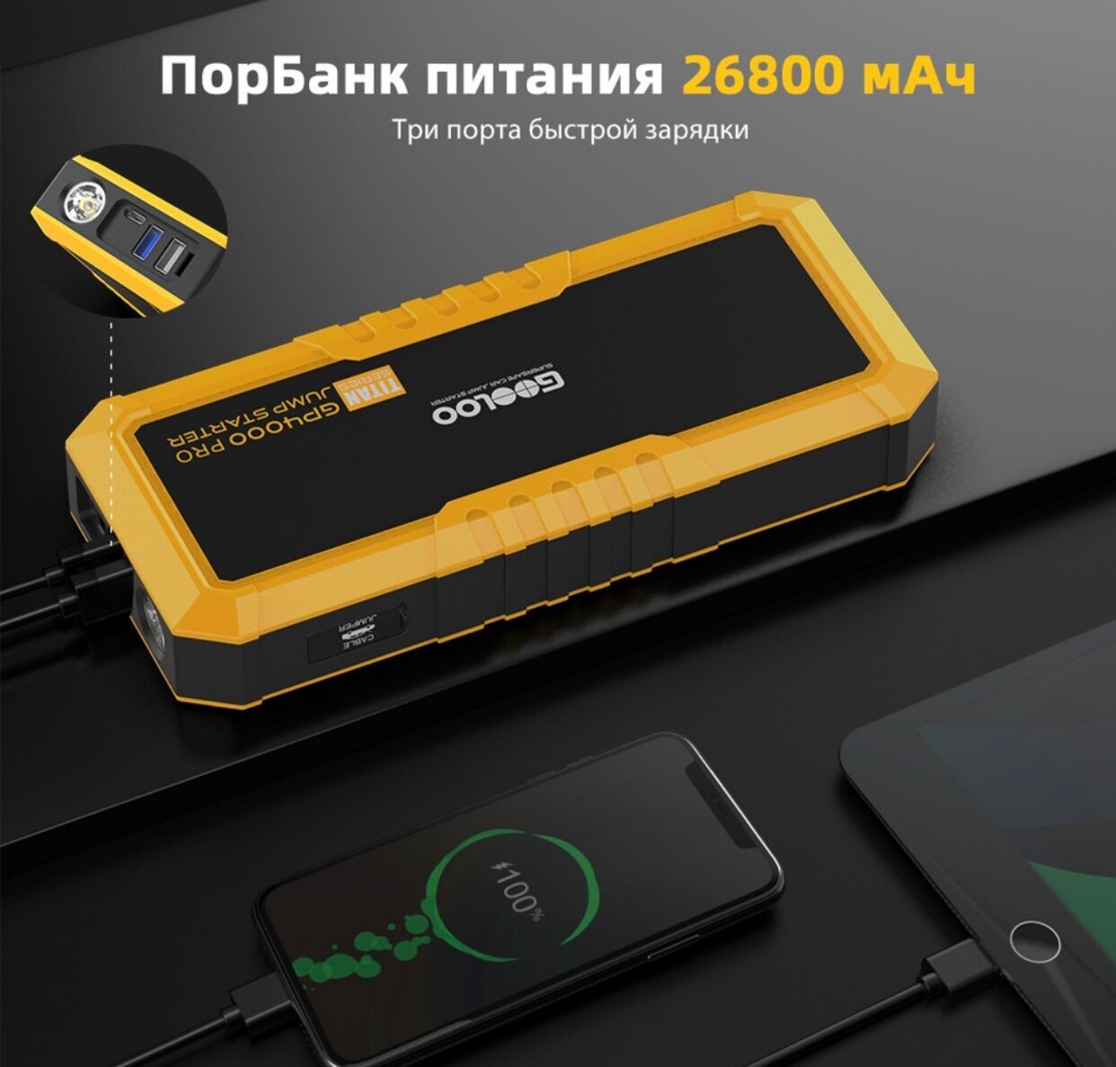 Пусковое устройство автономное бустер Gooloo 26800mAh 4000A Портативное пуско-зарядное устройство для автомобиля. Jump starter. Powerbank. Buster.