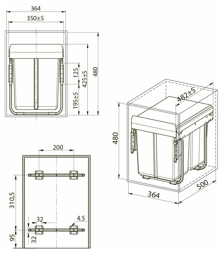 Сегрегатор для модуля 400 мм (20L+2x10L) антрацит, без крепления фасада, с доводчиком GTV - фото №3