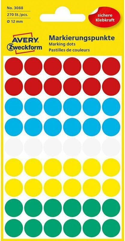 Этикетки-точки для выделения Avery Zweckform, круглые, разноцветные, d-12 мм, 270 штук 5 листов