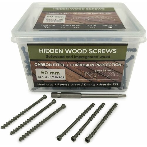 Саморезы Hidden Wood Screws C4 60 mm 350 шт, для скрытого крепежа террасной доски
