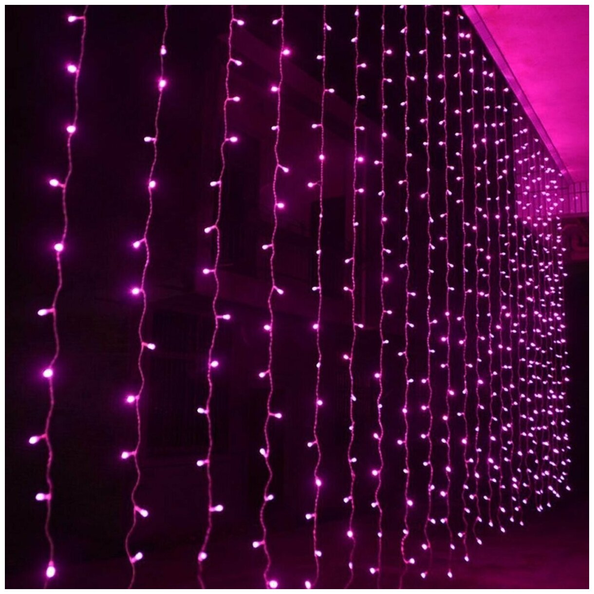 фото Гирлянда светодиодная дождик розовая на окно, Электрогирлянда штора 2 на 2 метра