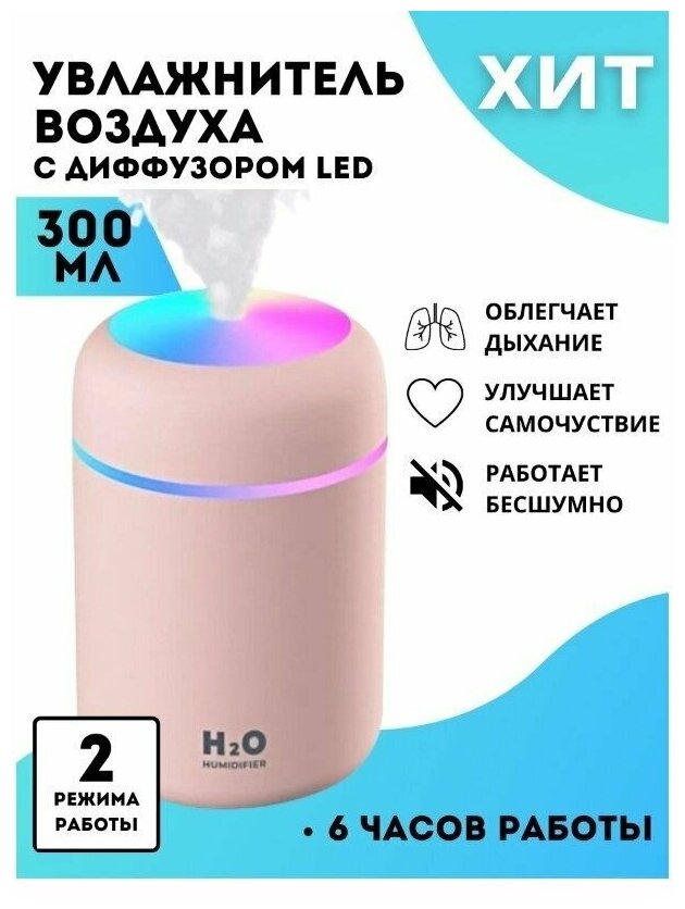 Увлажнитель воздуха H2O / Аромадиффузор ночник / Ультразвуковой освежитель с подсветкой розовый