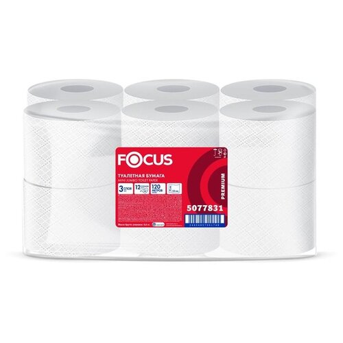 Купить Бумага туалетная д/дисп Focus Jumbo Premium 3сл белцел120м 12рул/уп 5077831, 1594287, белый, первичная целлюлоза, Туалетная бумага и полотенца