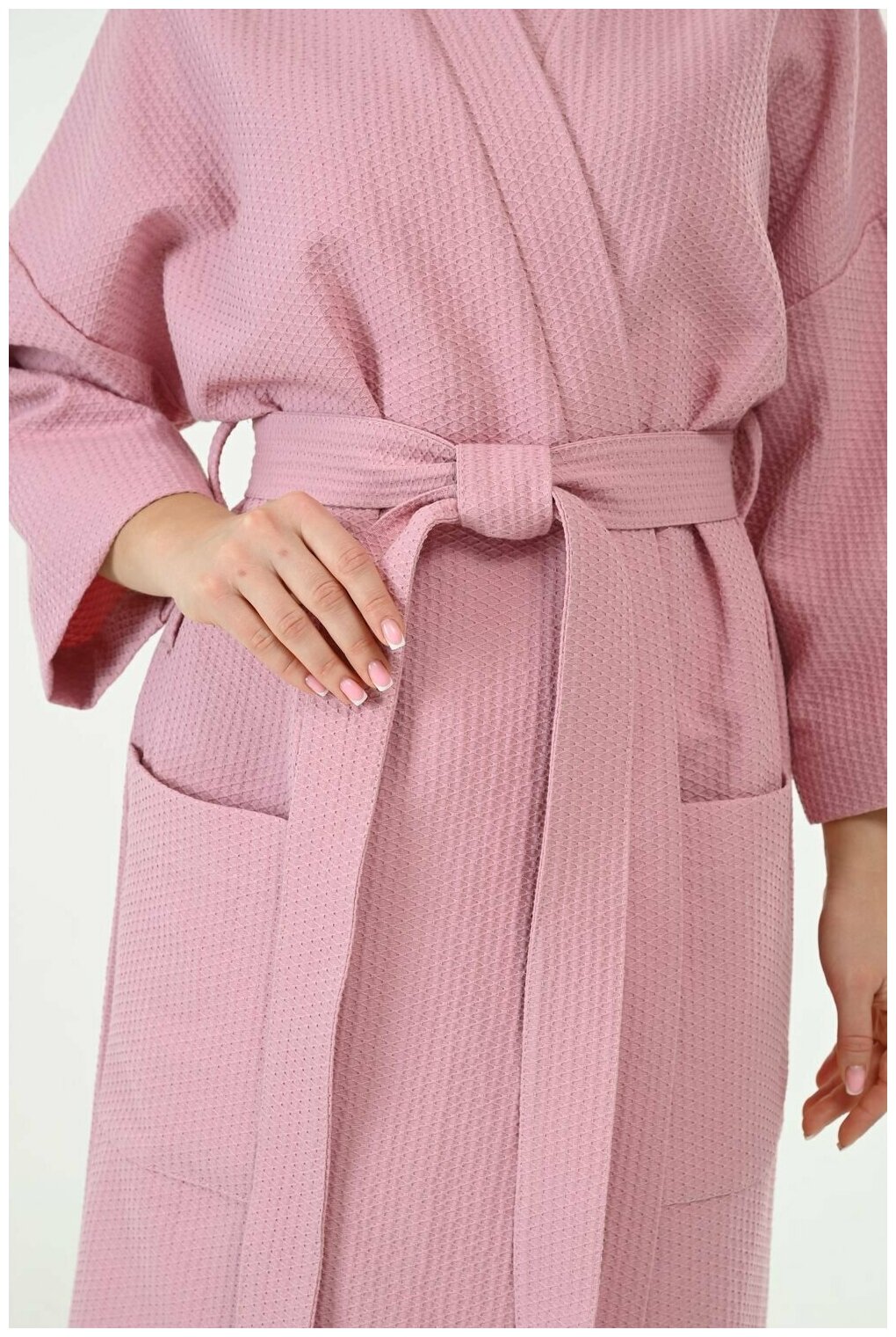 Вафельный халат Кимоно унисекс "Ромбы", пудрово-розовый. Размер 50-52 - фотография № 5