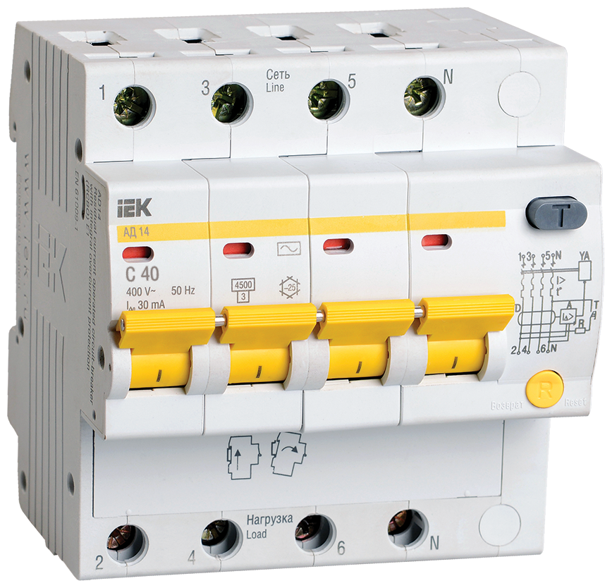 Дифференциальный автомат IEK АД14 4П 30 мА C 4.5 кА AC электронный