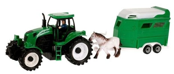 Трактор Технопарк с прицепом-коневозкой, пластиковый, инерционный, свет, звук, с животным 1805А415-R