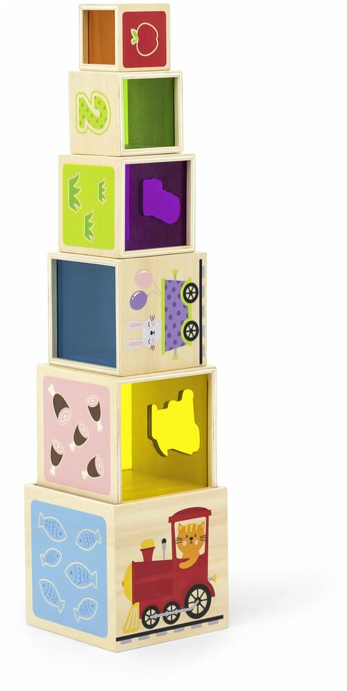Развивающие игрушки из дерева Viga Toys Деревянные кубики-пирамидка Сортируем и складываем в коробке 44572