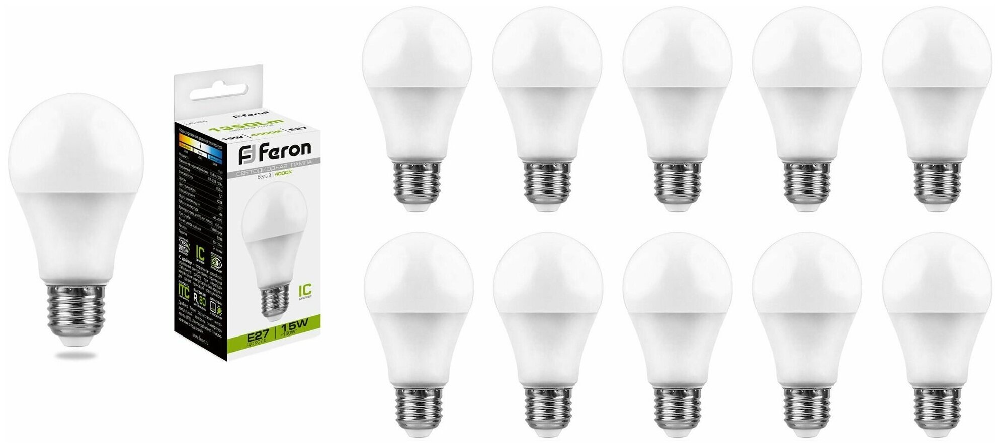 Лампочка светодиодная Feron 15W=140W 230V E27 Груша A60 1350Лм Ra>80 4000К, упаковка 10шт.
