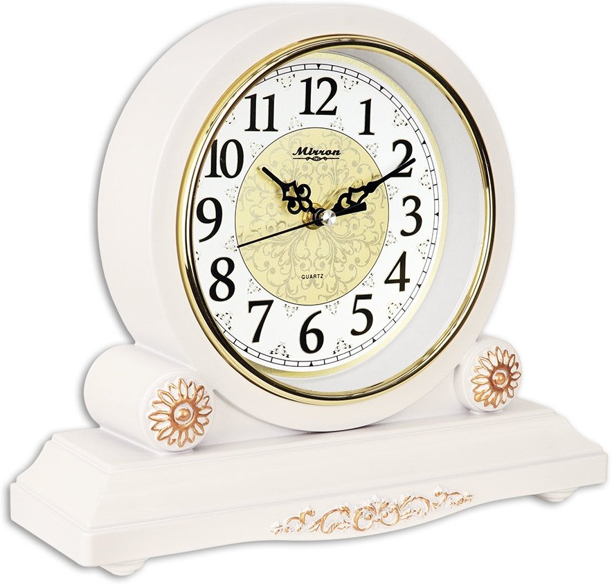 Фигурные классические настольные часы MIRRON SN24C БЗБ/Белые часы/Часы с белым большим циферблатом/Часы с узорами/Большие арабские цифры/Металлический циферблат