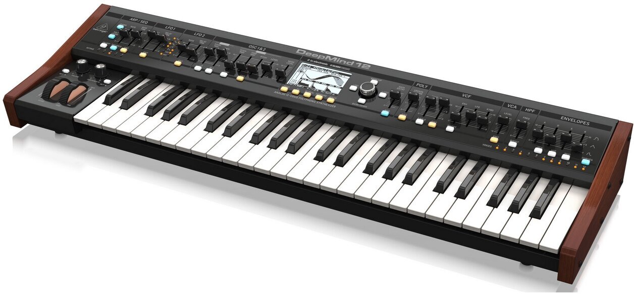 Behringer DEEPMIND 12 синтезатор, аналоговые VCF и VCA, 49 клав,12 гол. полиф, 2 OCS, 2 LFO и 3 ADSR на голос, 4 FX, матрица мод, 32шаг. секв, MIDI, USB