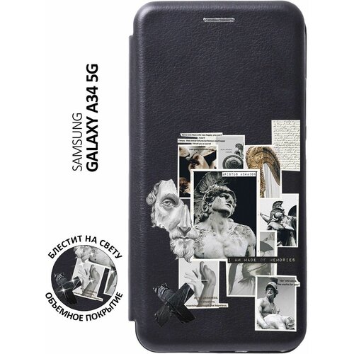 Чехол-книжка на Samsung Galaxy A34 5G, Самсунг А34 с 3D принтом Antique Stickers черный чехол книжка на samsung galaxy a34 5g самсунг а34 с 3d принтом yuri gagarin stickers черный