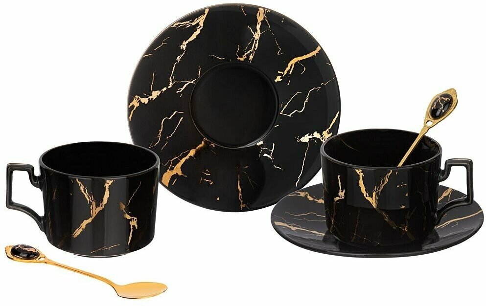Чайный набор посуды на 2 персоны Лефард Fantasy 250 мл, сервиз 4 предмета: 2 чашки и блюдца, подарочный черный фарфор Lefard