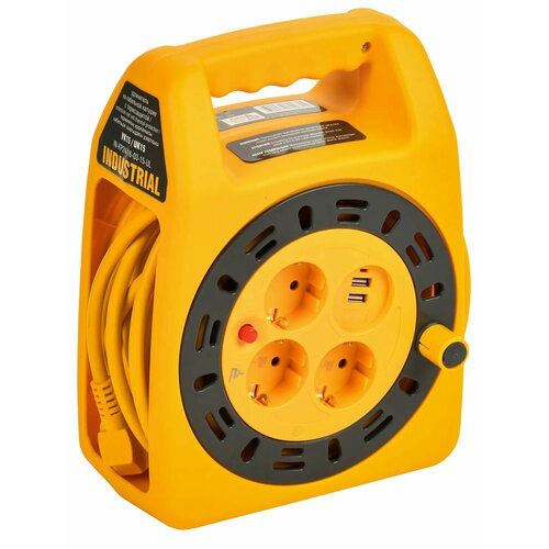 INDUSTRIAL Катушка УК15 3 места с заземлением с термозащитой 2P+PE 3х1, 5мм2 USBх2 LED 15м IEK