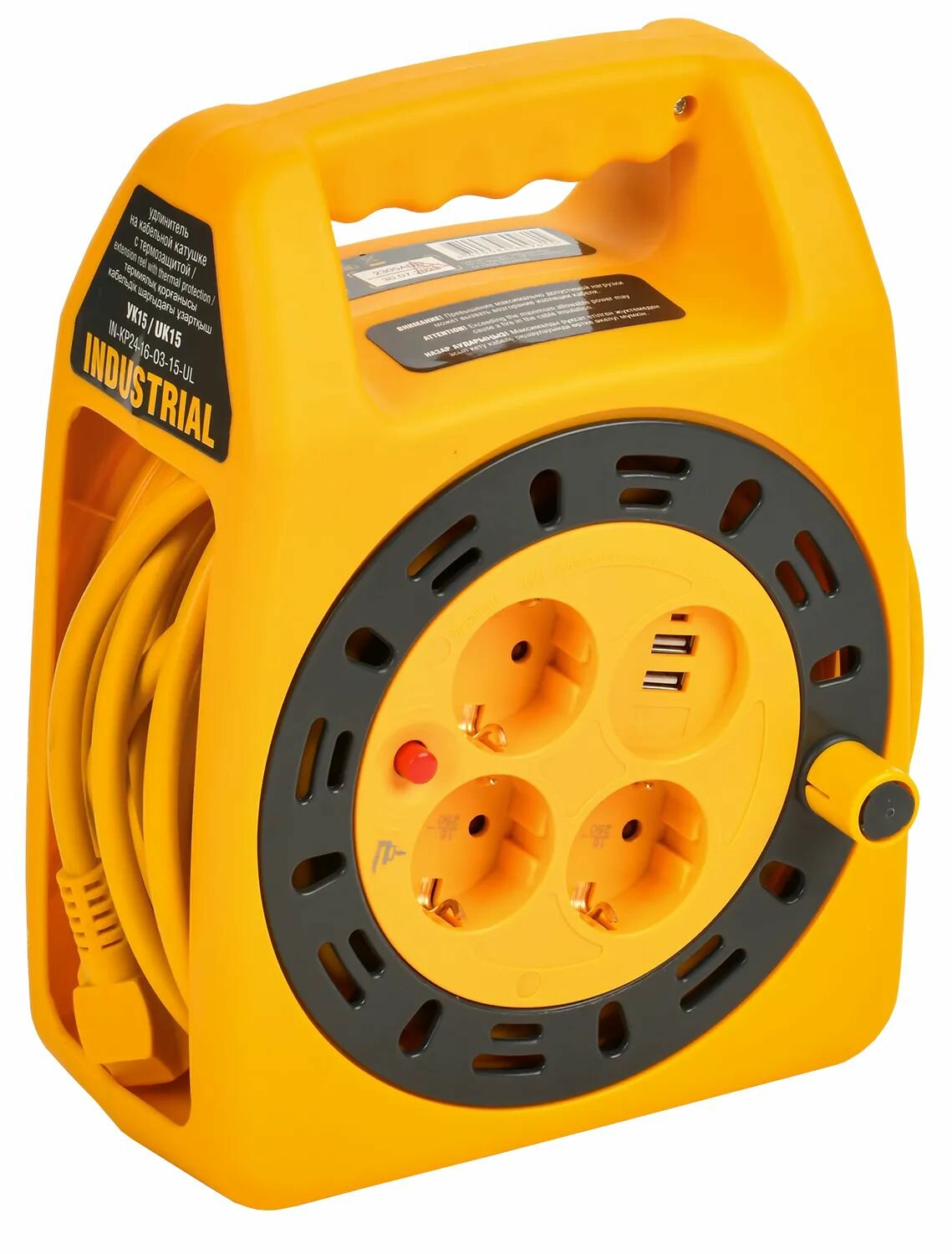 фото INDUSTRIAL Катушка УК15 3 места с заземлением с термозащитой 2P+PE 3х1,5мм2 USBх2 LED 15м IEK