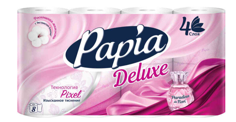 Papia Туалетная бумага Deluxe белая с ароматом Paradiso Fiori и рисунком четырёхслойная, 8 рулонов в упаковке/