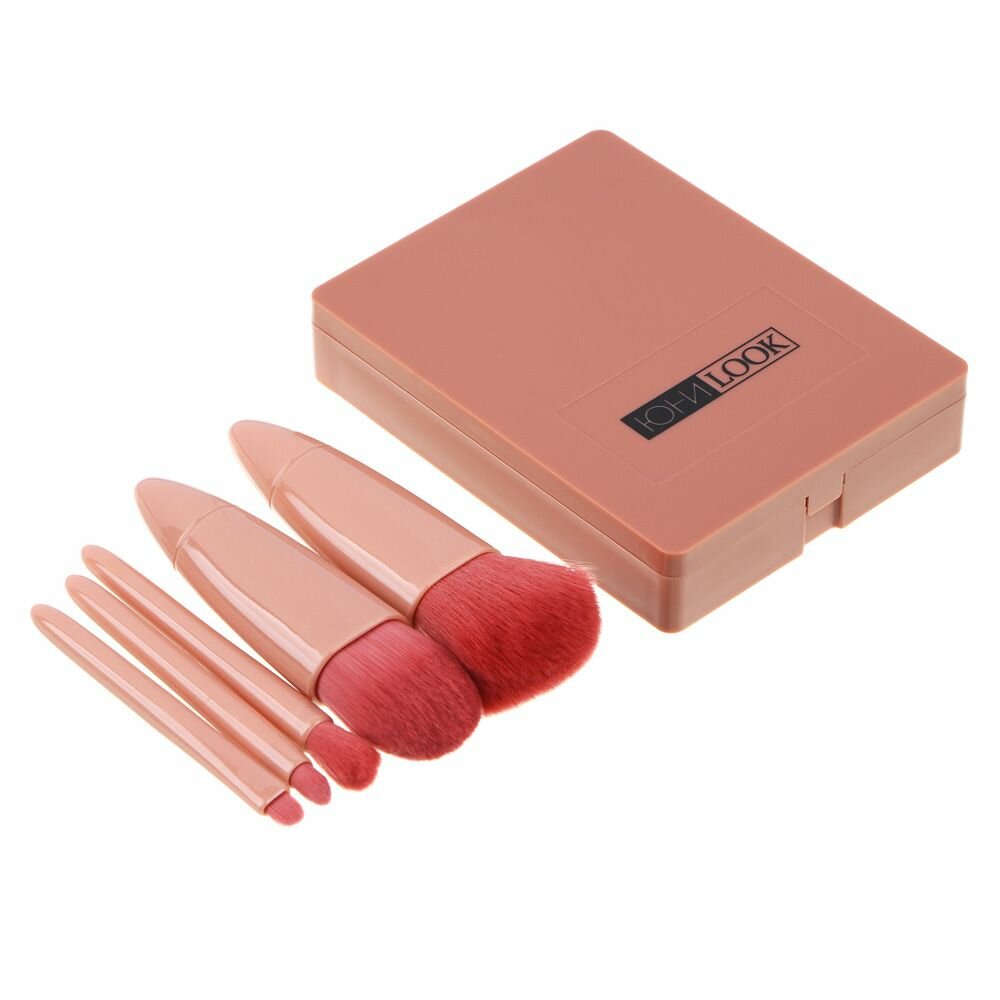 фото Набор кистей в пластиковом футляре с зеркалом, 5 штук, 11,1x8,5 см, пластик, ворс нейлон