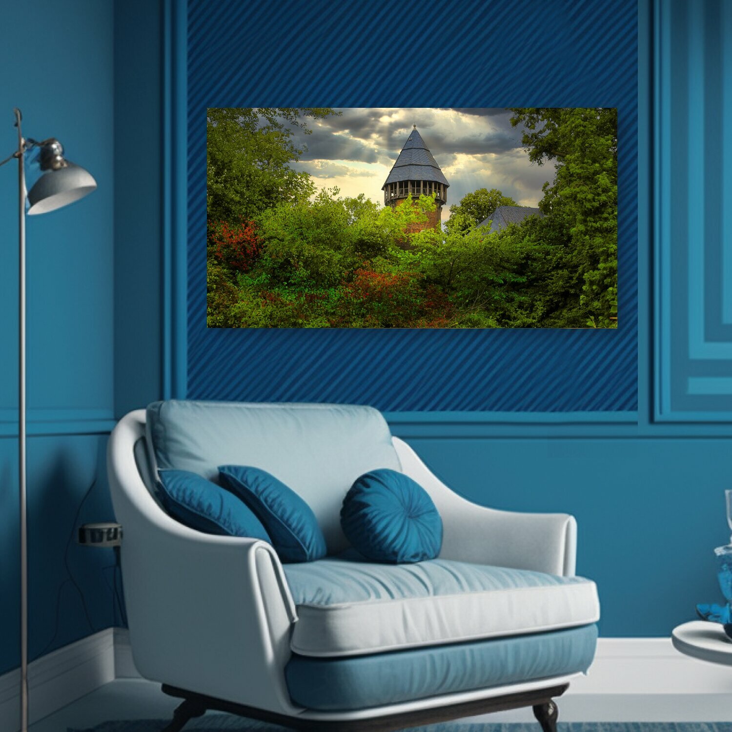 Картина на холсте "Замок, облака, сказочный замок" на подрамнике 75х40 см. для интерьера