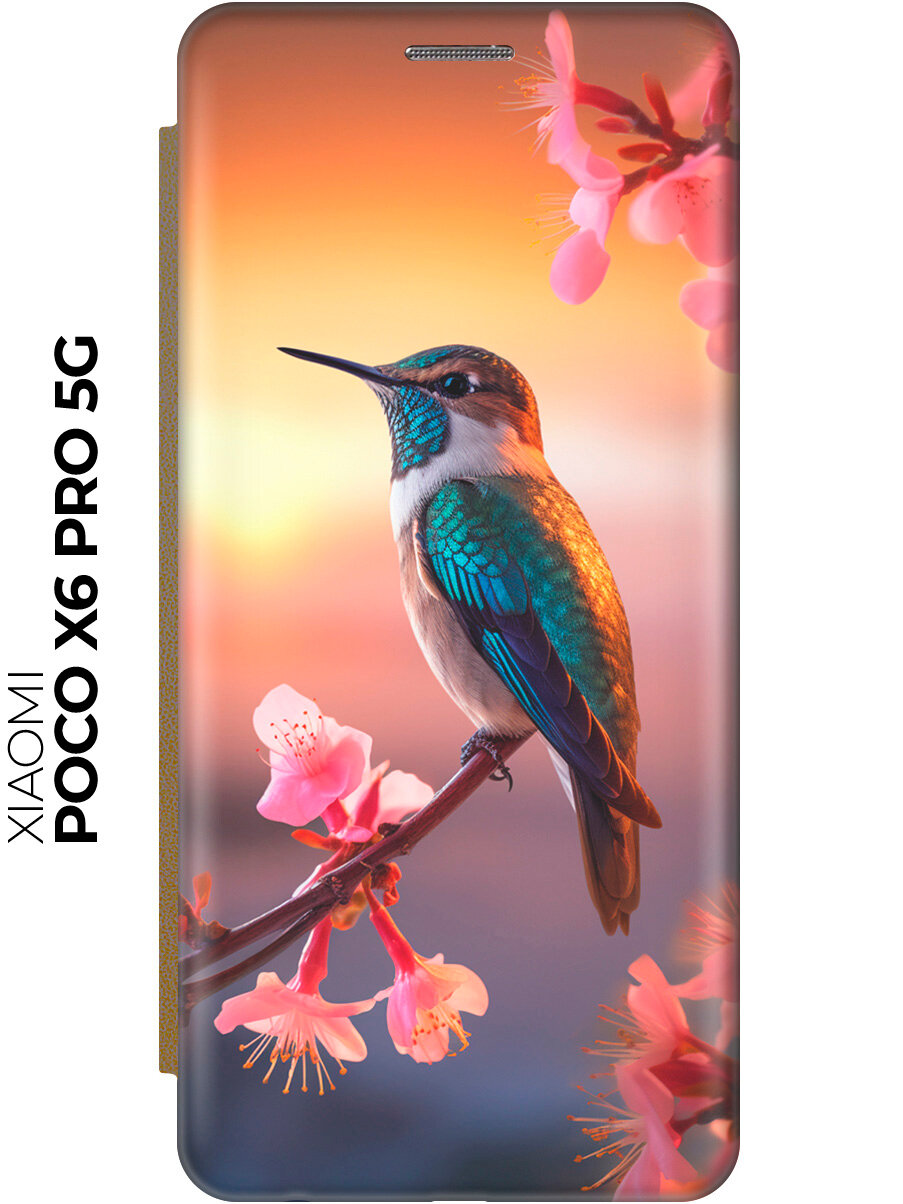 Чехол-книжка на Xiaomi Poco X6 Pro 5G / Сяоми Поко Х6 Про 5г с рисунком "Птичка на закате" золотой