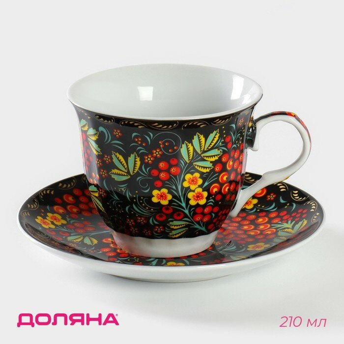 Чайная пара керамическая Доляна «Хохлома» 2 предмета: чашка 210 мл блюдце d=142 см