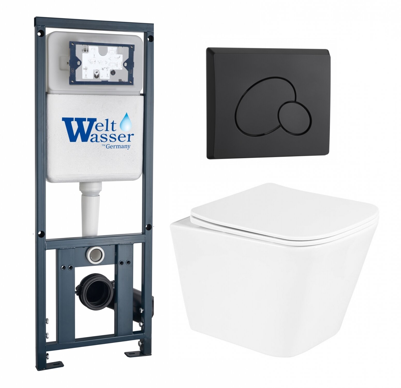 фото Комплект 3 в 1 инсталляция WeltWasser WW Marberg 410 10000005948 + Унитаз подвесной BelBagno Due BB3103CHR/SC + кнопка черная матовая RD