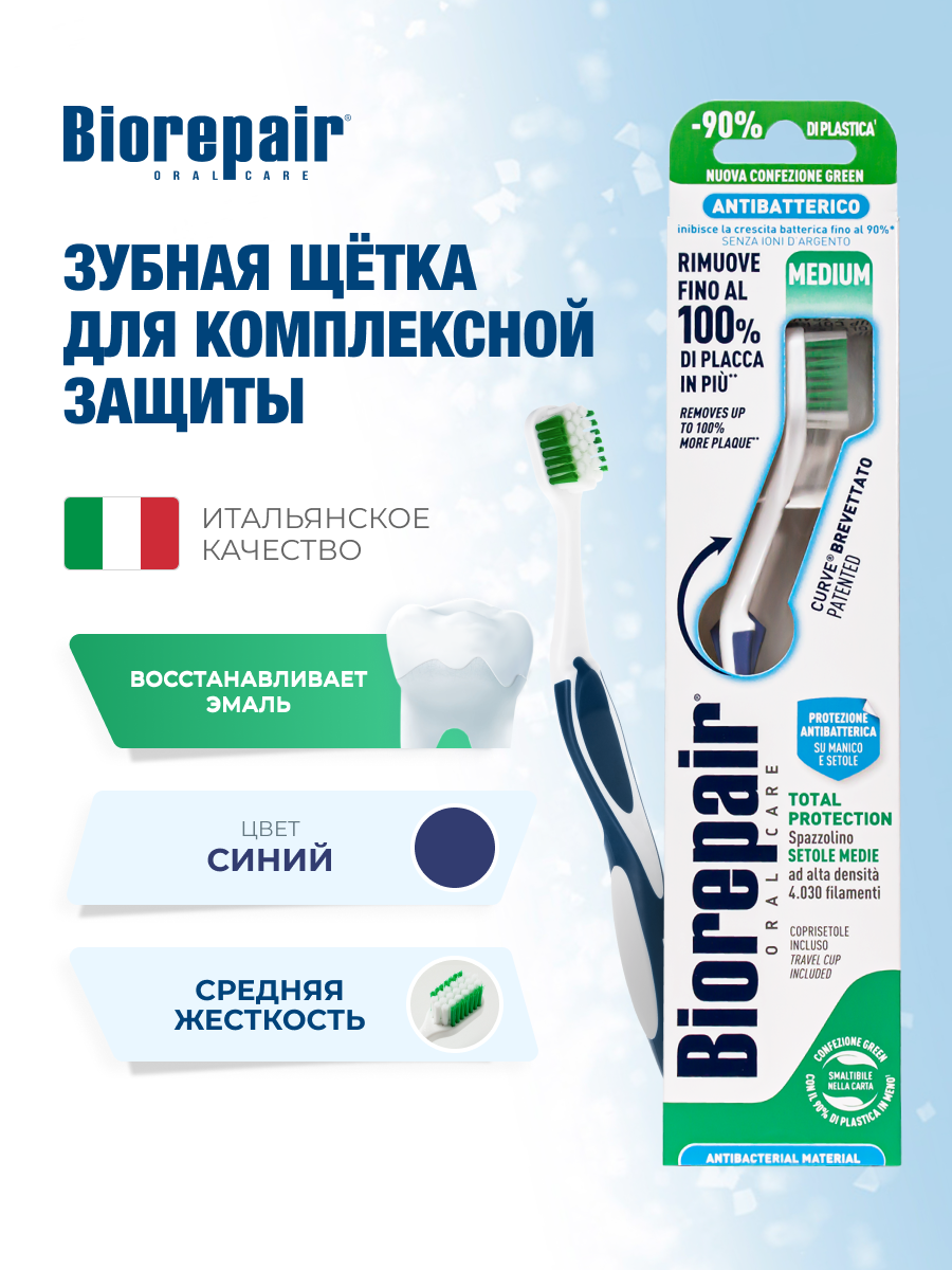 Зубная щетка Biorepair CURVE Protezione Totale средней жесткости, синяя