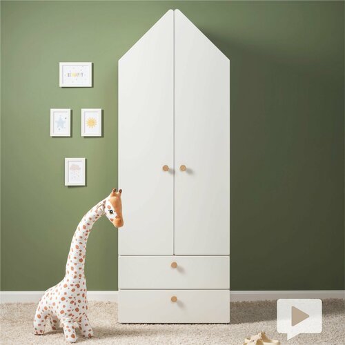 Распашной шкаф для одежды с ящиками в детскую комнату, 188х67х50, Андерсон 16.358, Сатин, Гикори Рокфорд, белая шагрень