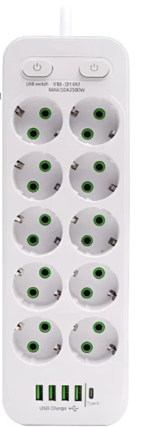 Удлинитель сетевой фильтр с USB зарядкой, 10 розеток 4 USB +Type-C — фото 1