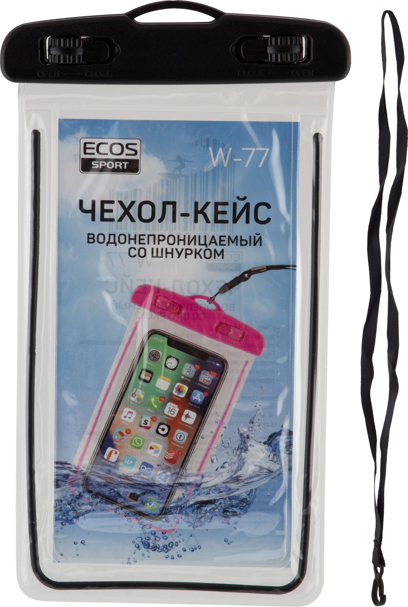 Водонепроницаемый чехол-кейс со шнурком ECOS W-77, черный цв