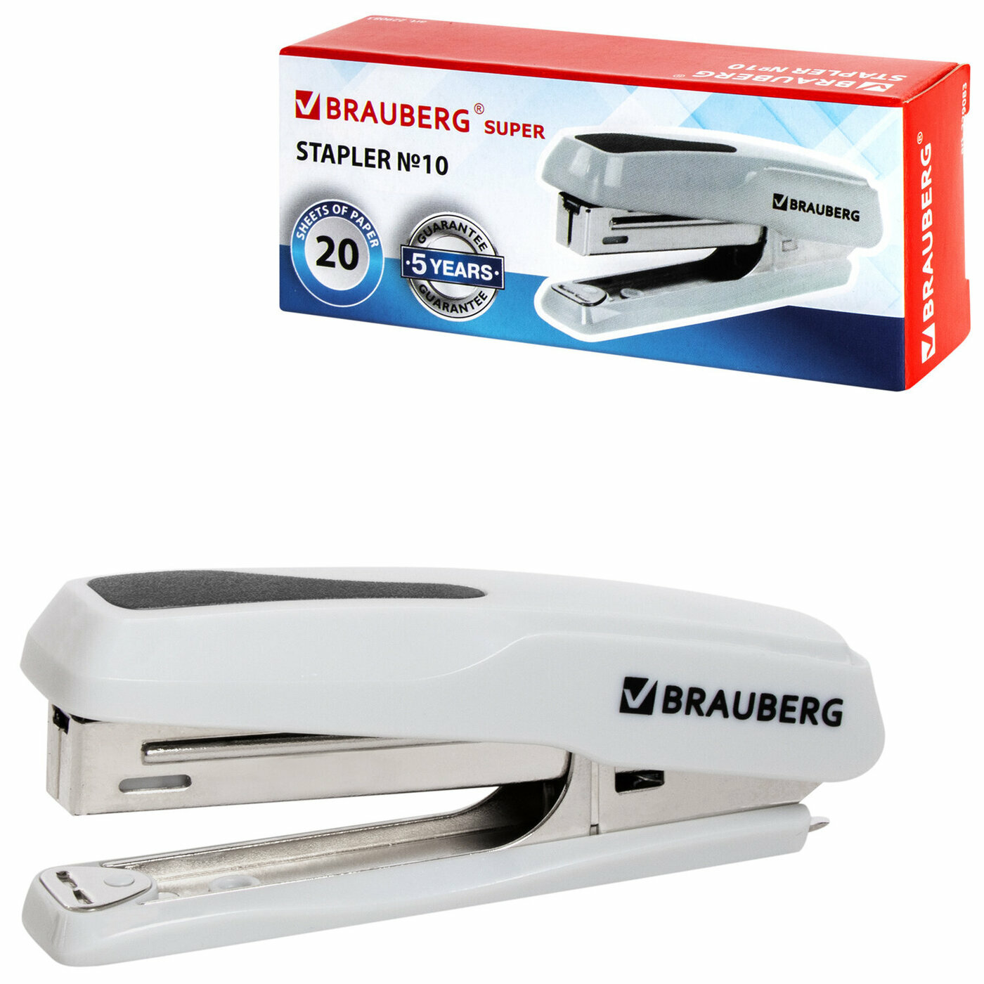 Степлер Brauberg №10, "Super", до 20 листов, антистеплер, серый — фото 1