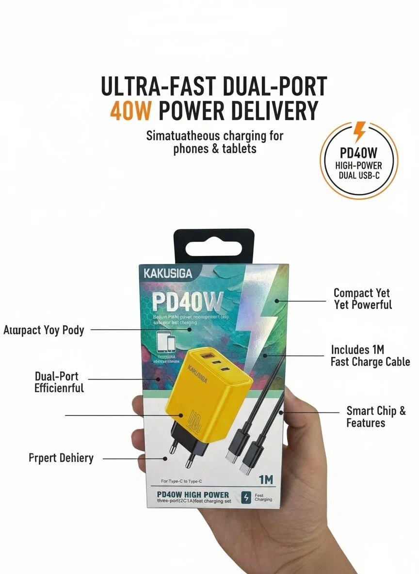 Кабель KAKUSIGA Type-C PD40W, 1м, желтый, 3 порта, для быстрой зарядки