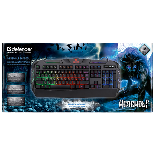 Клавиатура игровая проводная влагоустойчивая DEFENDER Werewolf GK-120DL RGB черный