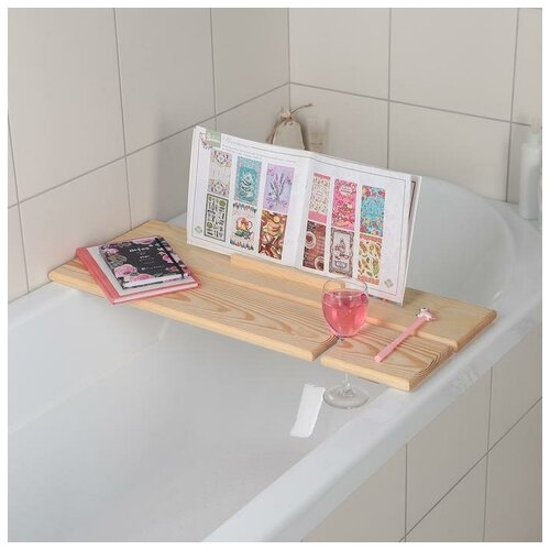 фото Полка для ванной spa skiico / деревянная подставка в ванну / столик в ванну / полка для ванной с подставкой под книгу и углублением для бокала цвет бежевый