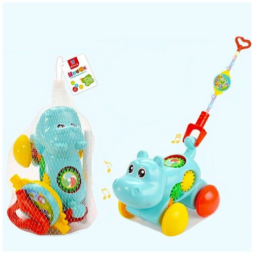 Игрушка-каталка с ручкой детская музыкальная Бегемотик