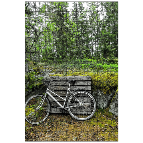 фото Магнитный пазл 27x18см."велосипед, лес, зеленый" на холодильник lotsprints